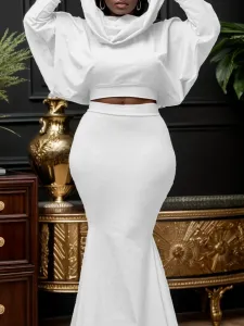 LW BASICS Hooded Collar Solid Color Crop Top Skirt Set #1177063