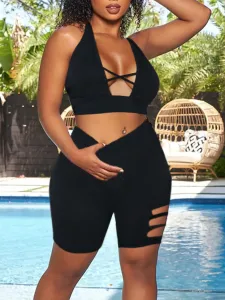 LW COTTON Material Series Casual Bandage Hollow-out Design Black Two Piece Shorts Set #781813