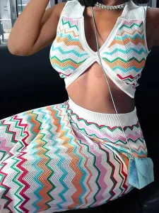 LW Crop Top Geometric Pattern Skirt Set