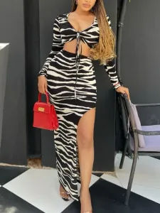 LW Crop Top Zebra Striped High Split Skirt Set #1113684