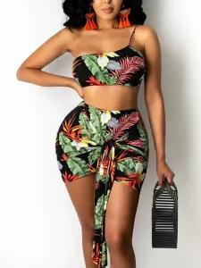 LW Floral Print Crop Top Bandage Design Skirt Set