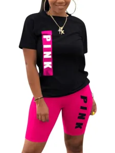 LW Pink Letter Print Shorts Set #787928