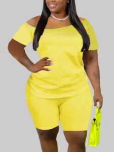 LW Plus Size Casual Boat Neck Elastic Yellow Two-piece Shorts Set 3X