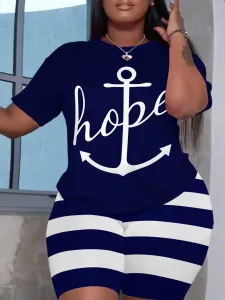 LW Plus Size Hope Letter Print Striped Shorts Set XL