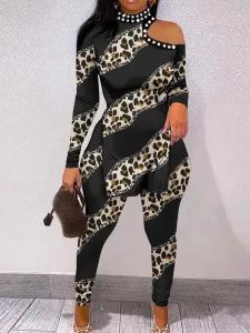 LW Plus Size Leopard Print Bead Decor Cut Out Pants Set 3X