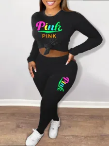 LW Plus Size Pink Letter Print Pocket Design Pants Set XXXXL