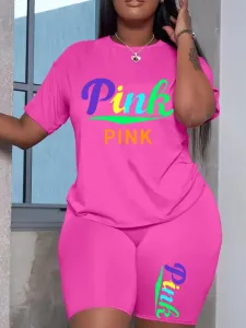 LW Plus Size Pink Letter Print Shorts Set 0X