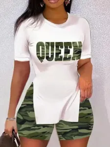 LW Plus Size Queen Camo Print Side Split Shorts Set 2X