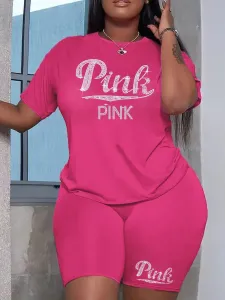 LW Plus Size Rhinestone Pink Letter Shorts Set 1X