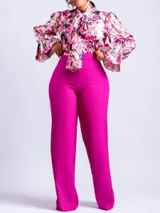 LW Plus Size Tie Neck Floral Print Ruffle Design Pants Set 3X