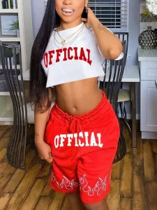 LW Sporty Letter Print Drawstring Red Two Piece Shorts Set