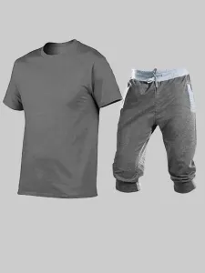 LW Street O Neck Drawstring Grey Two Piece Shorts Set #866380