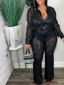 LW SXY Plus Size Tassel Design Sequined See Through Pants Set 1X