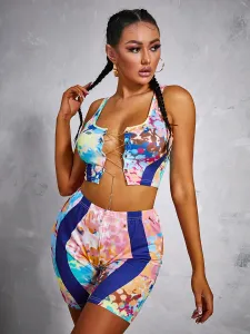 LW SXY Tie-dye Chain Hollow-out Design Multicolor Two Piece Shorts Set #89592