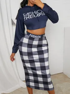 LW Trendy Hooded Collar Letter Plaid Print Skirt Set