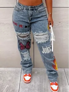 LW Plus Size Butterfly Letter Print Ripped Jeans 1X #105407