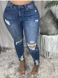 LW Plus Size Ripped Skinny Deep Blue Jeans 2X