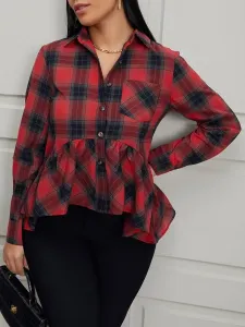 LW Casual Plaid Print Red Blouses #85726