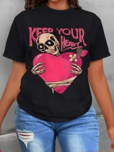 LW Plus Size Skull Head Heart Letter Print T-shirt L