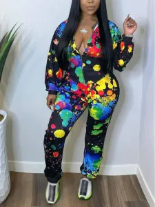 LW Casual Hooded Collar Graffiti Print Multicolor Two Piece Pants Set #1031367