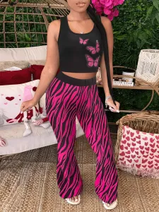 LW Crop Top Butterfly Animal Print Flared Pants Set
