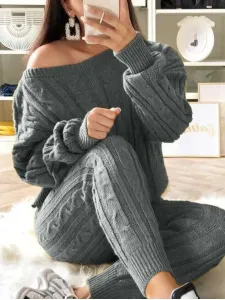 LW Sweater Drop Shoulder Cable Knit Pants Set #1236123