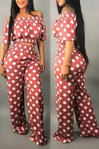 LW Sweet Off The Shoulder Dot Printed Pink Two-piece Pants Set #786867