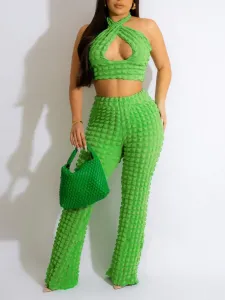 LW Waffle Knit Cut Out Crop Top Flared Pants Set