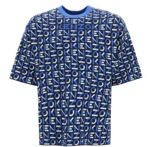 Kenzo Mens Monogram Print Oversized T-shirt Blue M