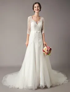 Wedding Dresses A-Line Ivory V-Neckline Lace Tulle Half Sleeve Bridal Dress With Train Free Customization #476379