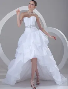 White Wedding Dress Strapless High Low Bridal Dress Rhinestones Beading Ruched Sweetheart Neckline Wedding Gown #451767
