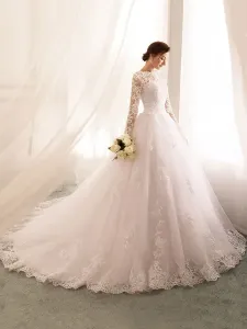 Wedding Dresses 2023 Princess Silhouette Bateau Neck Long Sleeve   Lace Tulle Bridal Gowns #487357