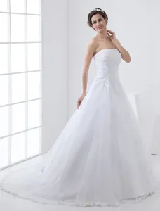 White Satin Princess Ball Gown Wedding Dress Lace Strapless Beading Bridal Dress With Court Train Free Customization #451723