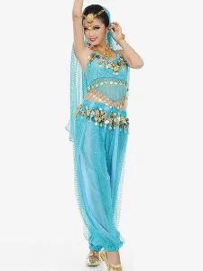 Belly Dance Blue Chiffon Women Performance Sleeveless Dancing Suit #453525