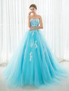 Blue Wedding Dress Lace Applique Tulle Court Train Strapless Sweetheart Lace-Up A-Line Bridal Gown #462529