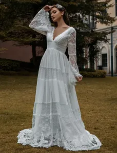 Bridal Gowns Boho Wedding Dress Long Sleeves Lace V-Neck Lace Chiffon Wedding Gowns #514101
