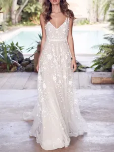 Lace Wedding Dress With Train A-Line Sleeveless V-Neck Bridal Gowns Free Customization #516377