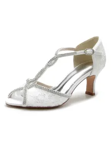 Women's Lace Rhinestones Chunky Heel Bridal Sandals #665474