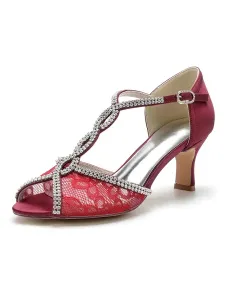 Women's Lace Rhinestones Chunky Heel Bridal Sandals #665482