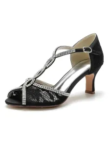 Women's Lace Rhinestones Chunky Heel Bridal Sandals #665498