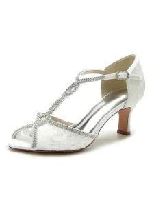 Women's Lace Rhinestones Chunky Heel Bridal Sandals #665506
