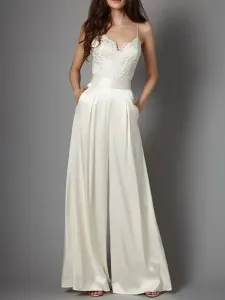 Ivory Simple Wedding Jumpsuit Satin Fabric Lace V-Neck Sleeveless Bridal Jumpsuits Free Customization #554067