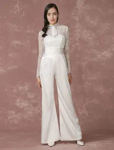Lace Wedding Jumpsuits Long Sleeves Bridal Wedding Pants Back Illusion Satin A-line Culottes Bridal Dress Milanoo Free Customization #463167