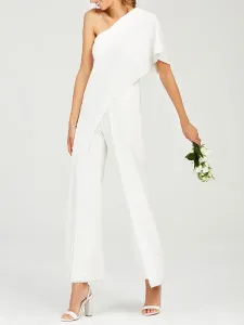 Simple Wedding Jumpsuits Ivory One Shoulder Culottes Bridal Dress #496397