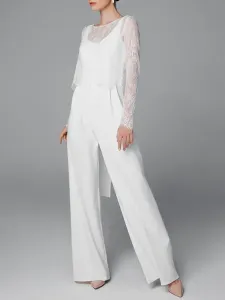 White Simple Wedding Jumpsuit A-Line Jewel Neck Long Sleeves Stretch Crepe Bridal Jumpsuits Free Customization #554113