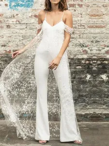 White Simple Wedding Jumpsuit A-Line V-Neck Sleeveless Backless Lace Stretch Crepe Bridal Gowns Free Customization #554079