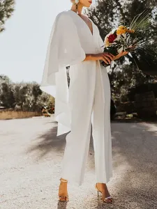 White Wedding Jumpsuit A-Line V-Neck Half Sleeves Bridal Jumpsuits Free Customization #554091