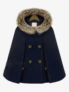 Hooded Cape Coat Double Breast Faux Fur Trim Poncho Cloak For Women #455534