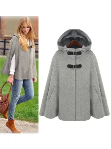 Women's Poncho Coat Hooded Oversized Grey Winter Outerwear #462930