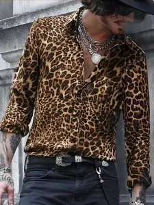 Man's Casual Shirt Turndown Collar Simple Oversized Leopard Print Coffee Brown Men's Shirts #532739